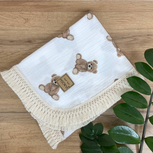 Плед муслін жатка двошаровий з бахромою Teddy на білому - 4