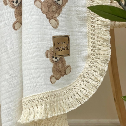 Плед муслін жатка двошаровий з бахромою Teddy на білому - 2